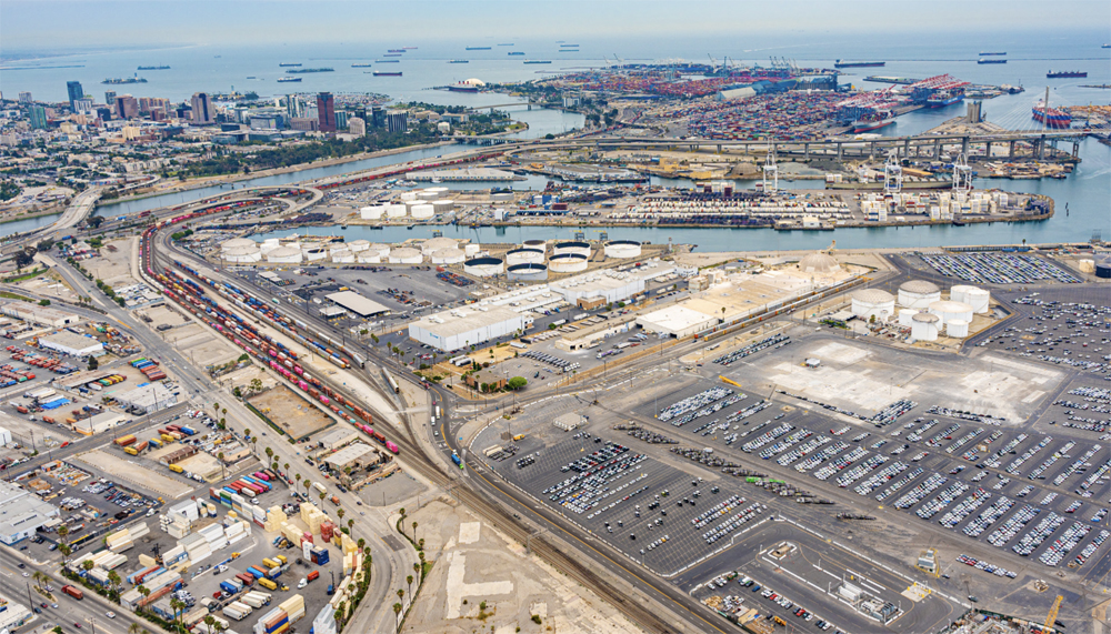 Aerial view of rail yard at port