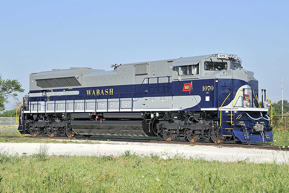 Blue-and-gray diesel Wabash locomotives without train