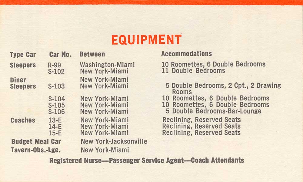 Advertising text showing the car consist of a train and where passengers can get railroad dining car meals