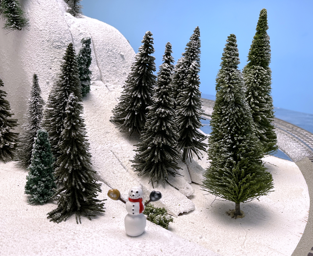 model forest on train layout: Quick-and-easy snow covered trees