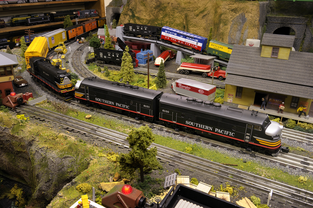 toy train layout with coal ramp
