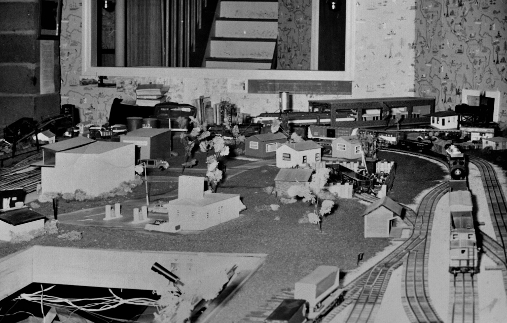 black and white photo of train layout