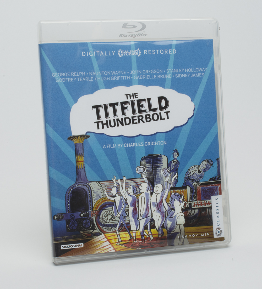 Blue and white small box used to hold Bluray discs with black lettering on it.