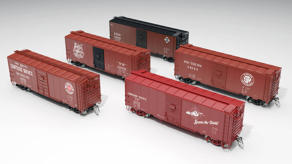 A set of five model boxcars in various paint schemes