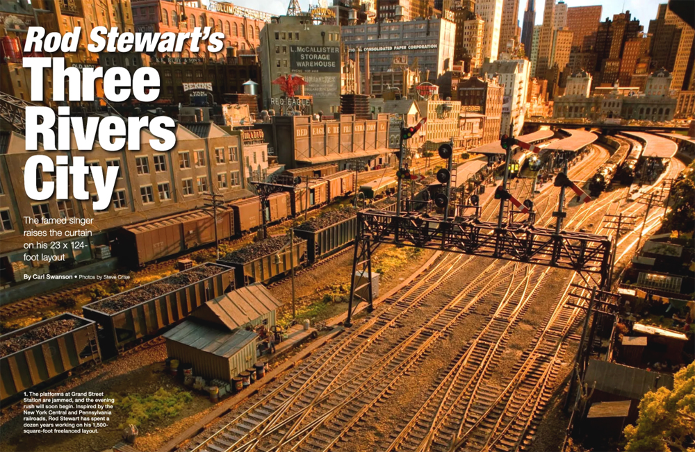 A two page magazine spread bearing the title "Rod Stewart's Three Rivers City"