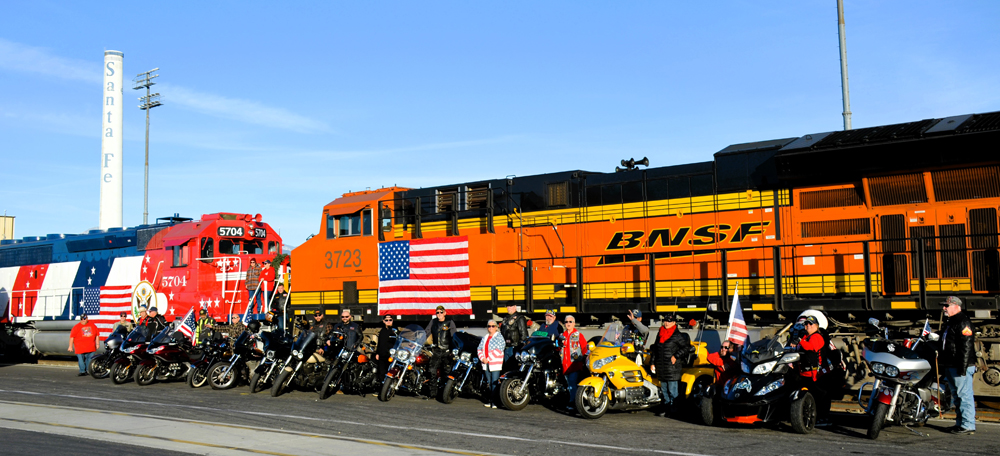 motorcycles in front of BNSF loco