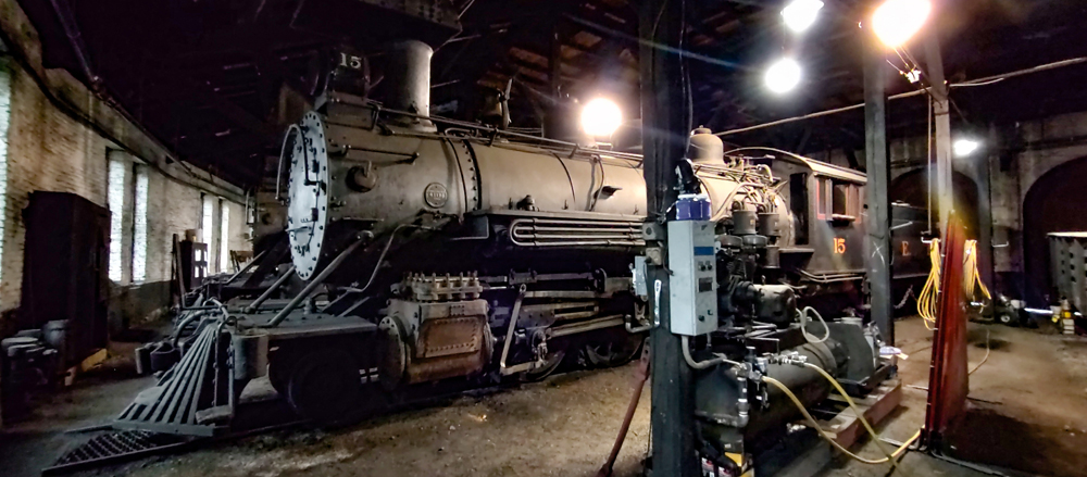 Steam locomotive in roundhouse