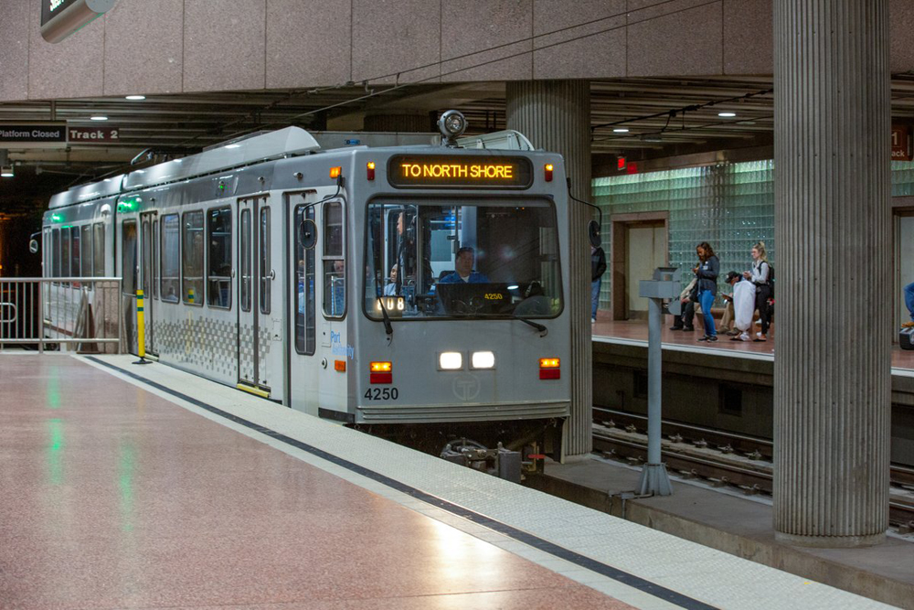 Gray light rail trainset