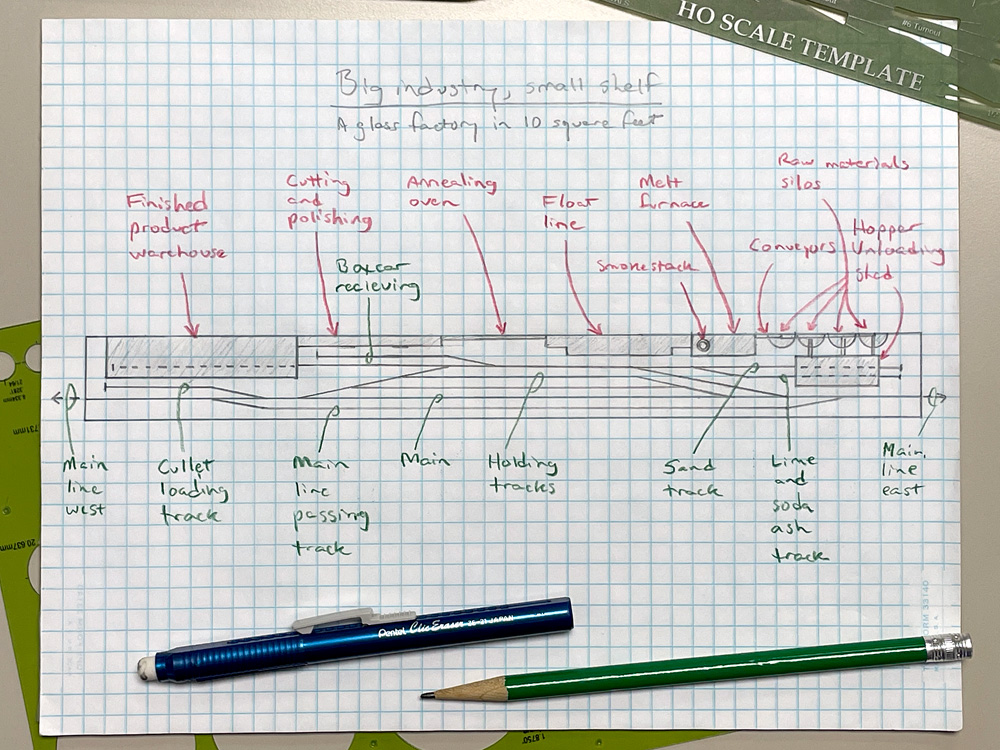 A pencil sketch on graph paper of a glass factory shelf layout