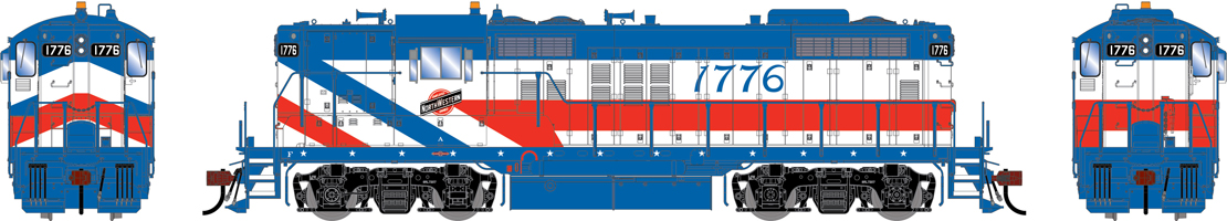 A model locomotive in a red white and blue paint scheme