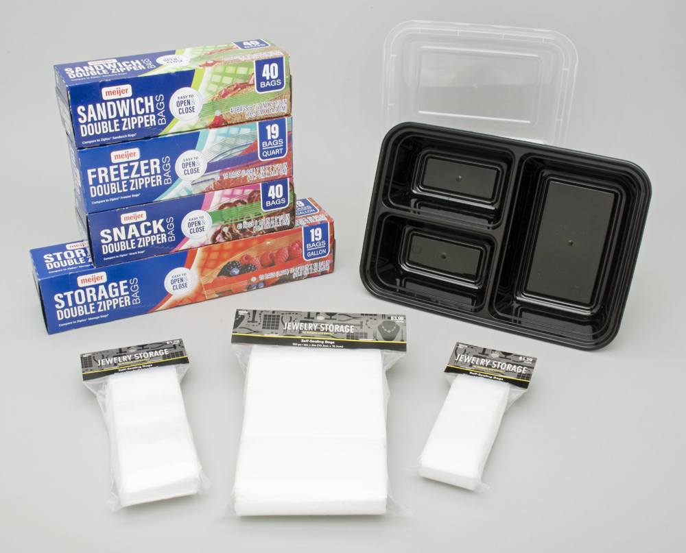 Photo showing different resealable bags and plastic containers.
