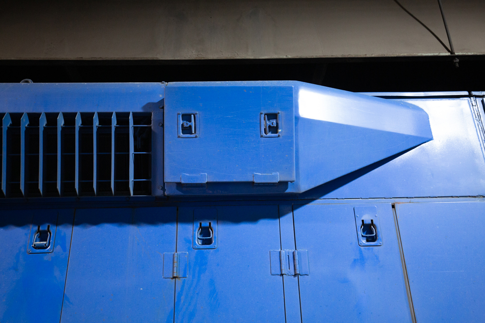 blue metal panel up close