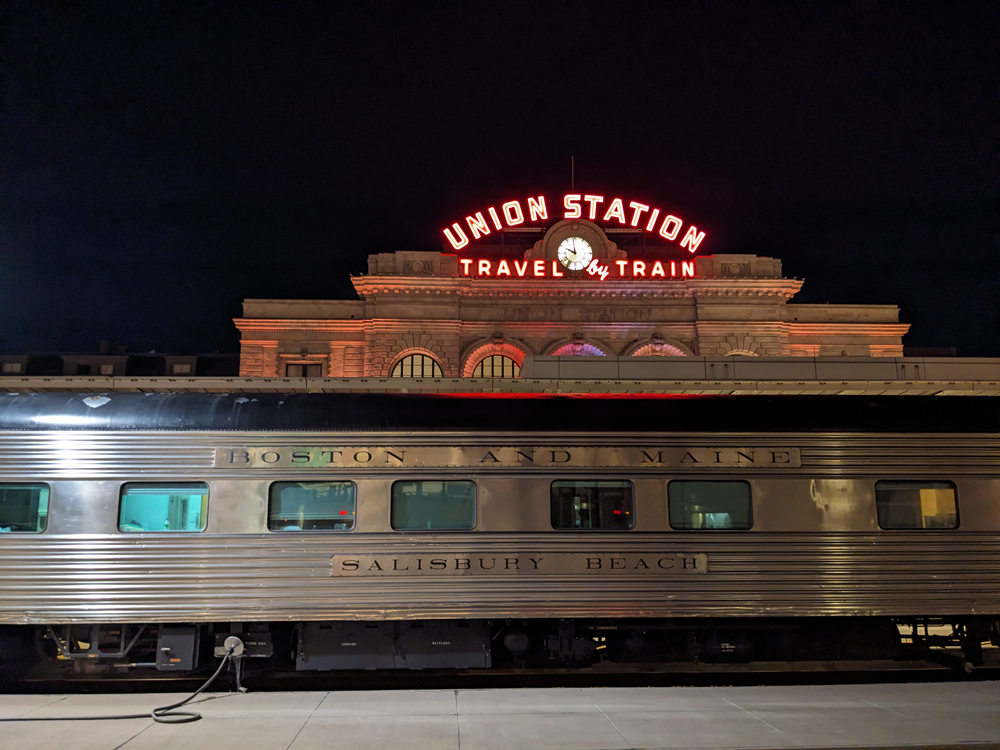 A sleeper car in front of Denver Union Station
