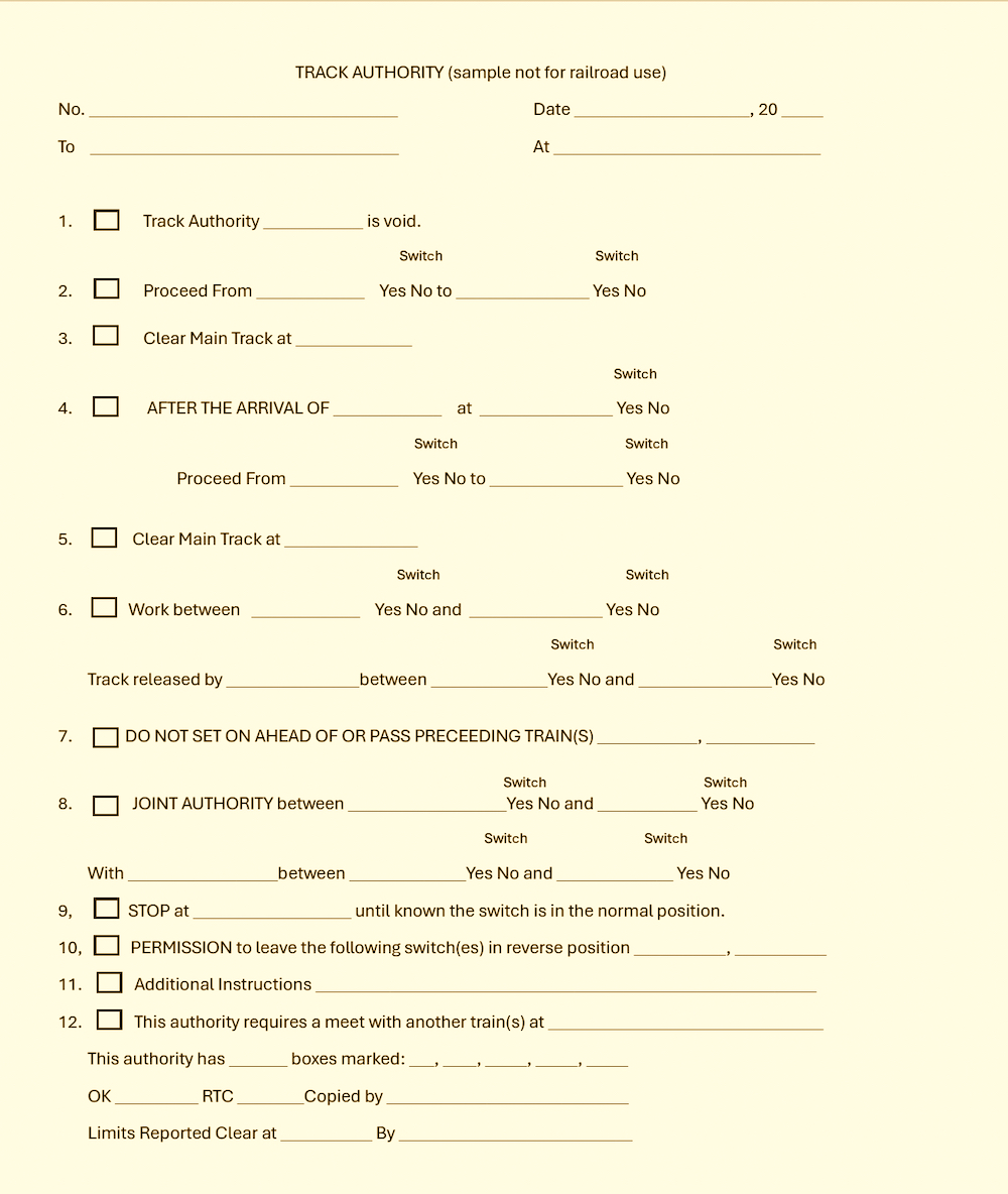 A sample of a track authority document