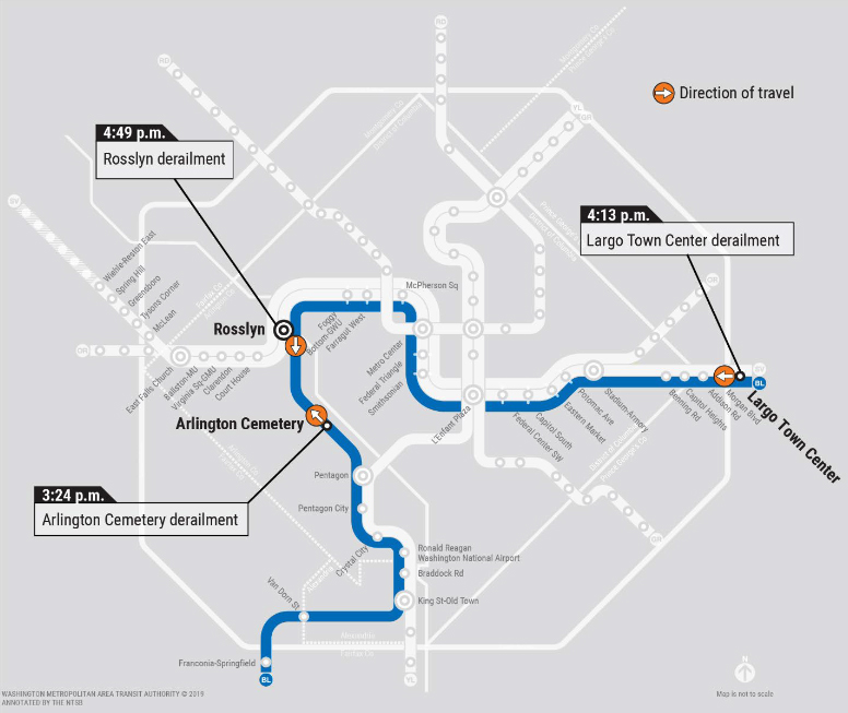 Map of DC Metrorail Blue line showing location of three derailments