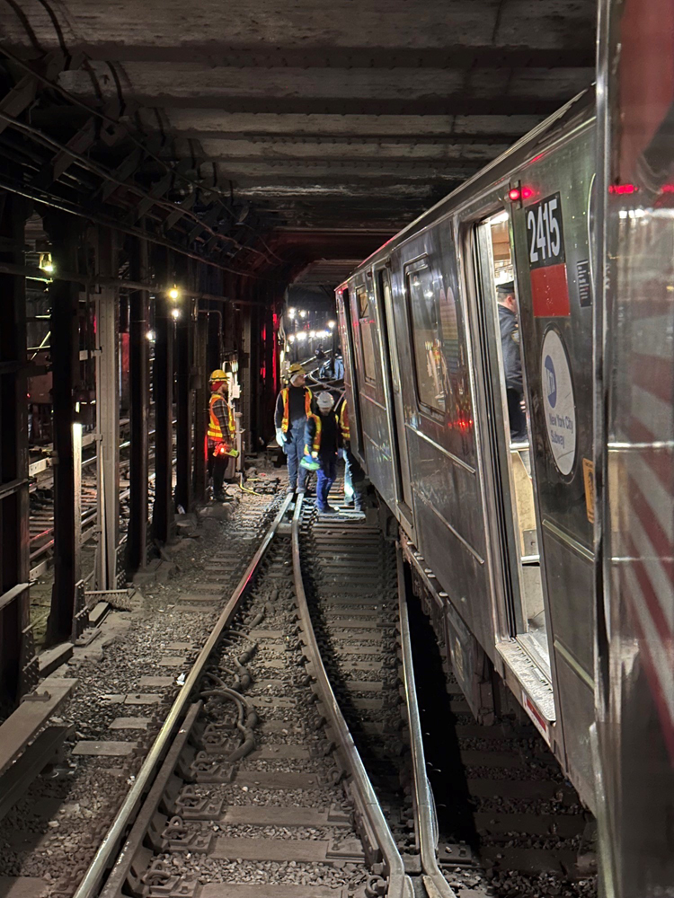 Derailed subway train in tunnel