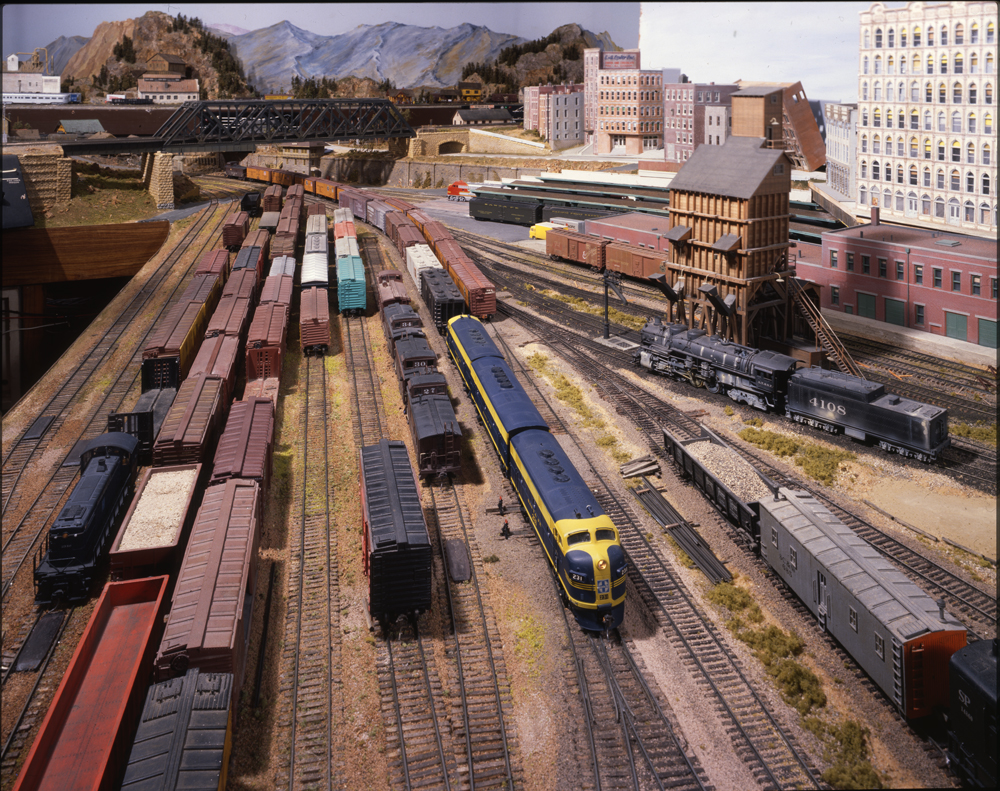 A western United States rail yard on a model train layout