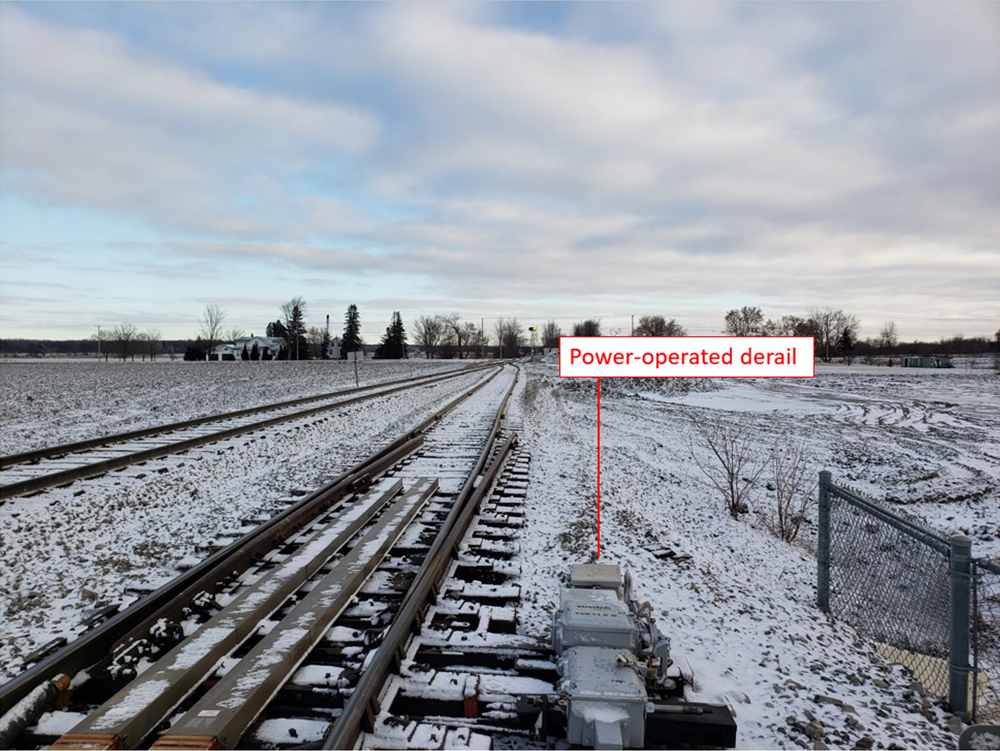 Derail on track in flat, snowy terrain