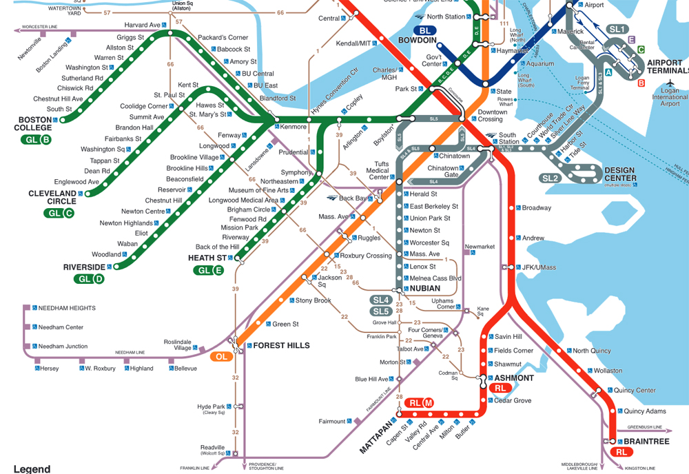 Map showing a portion of MBTA rail transit system