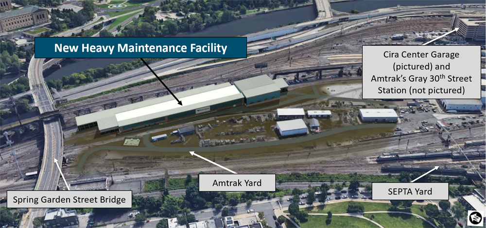 Aerial view of rail yard showing planned new construction