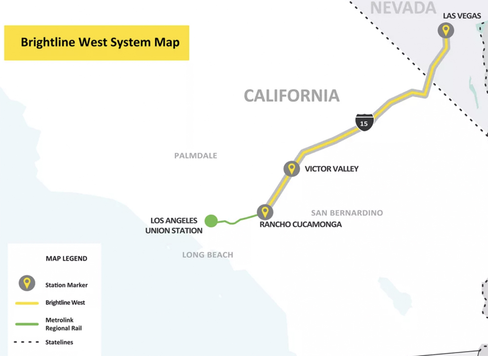 Map of high speed route between Las Vegas, Nev., and Rancho Cucamonga, Calif.