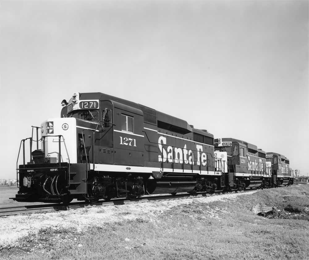 black and white Santa Fe locomotive