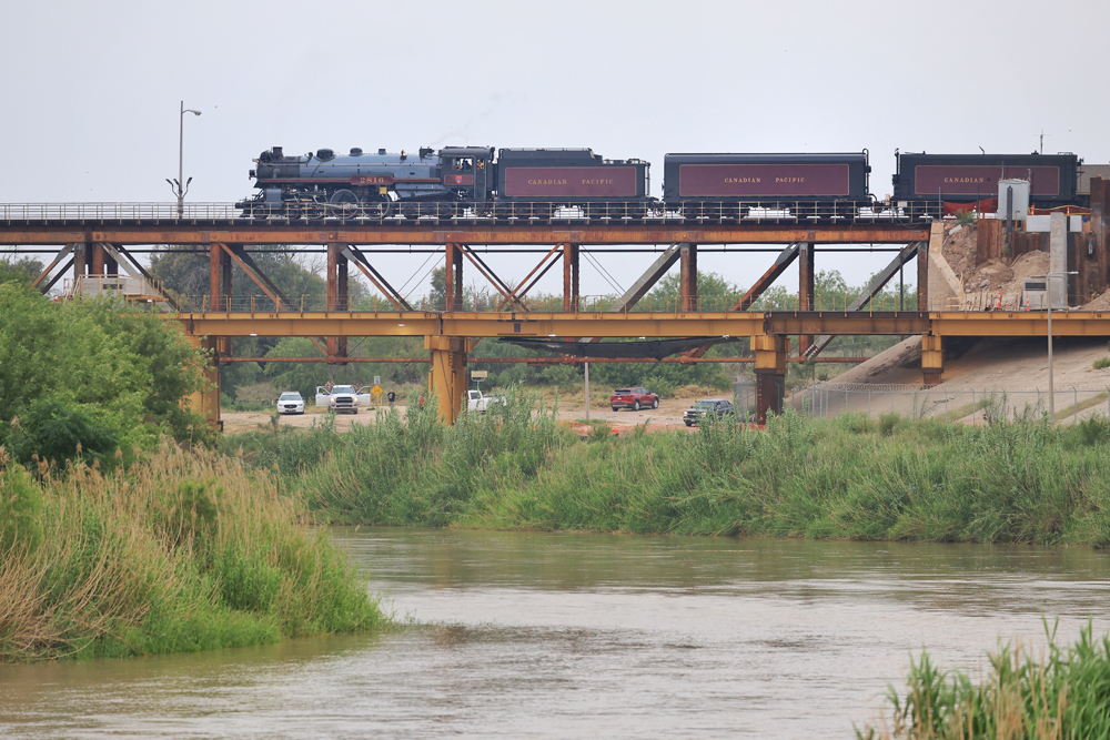 Steam engine on bridge