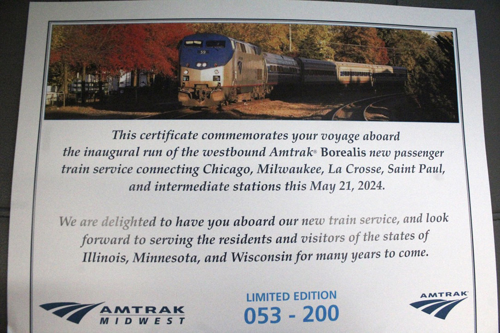 Certificate for first-day Borealis passengers