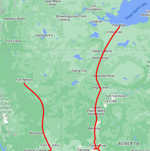 Map of railroad lines in northern Alberta and British Columbia