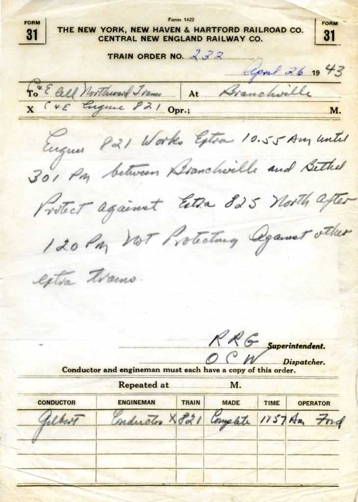 Scan of Form 31 train order with information written in pencil.