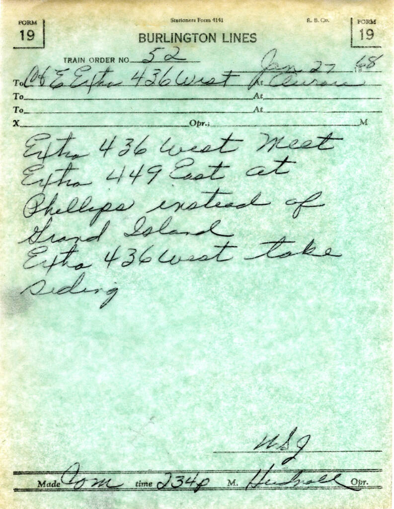 Scan of train order with information written in pen.