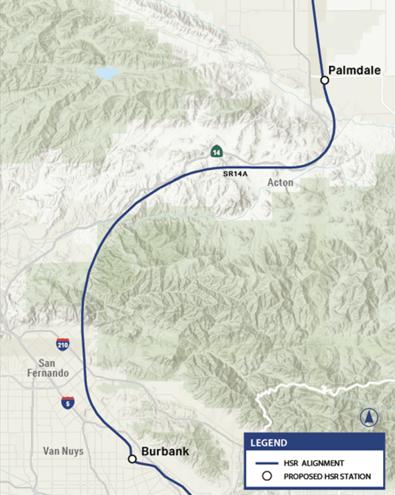 Map of planned route of California high speed rail line in Southern California