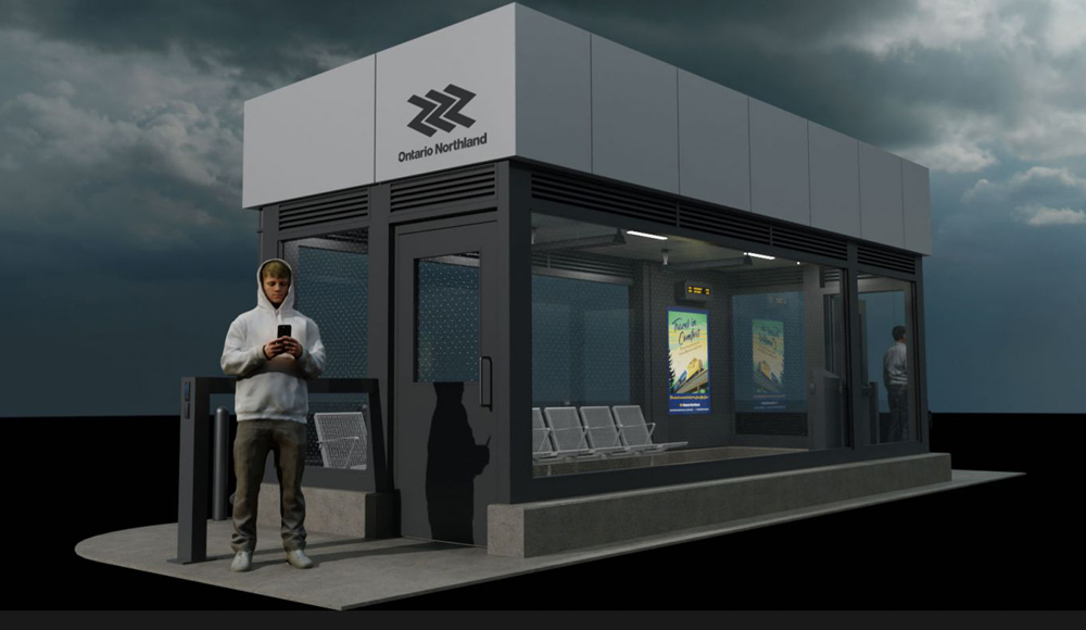 Illustration of station shelter with Ontario Northland logo on one corner