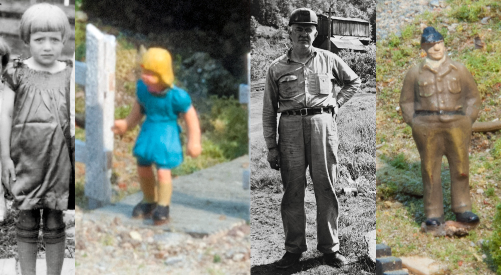 Antique black-and-white photos of a young girl and a man are compared to model figures depicting them