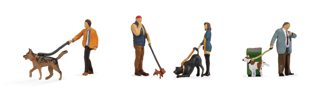 A set of model figures with dogs on leashes
