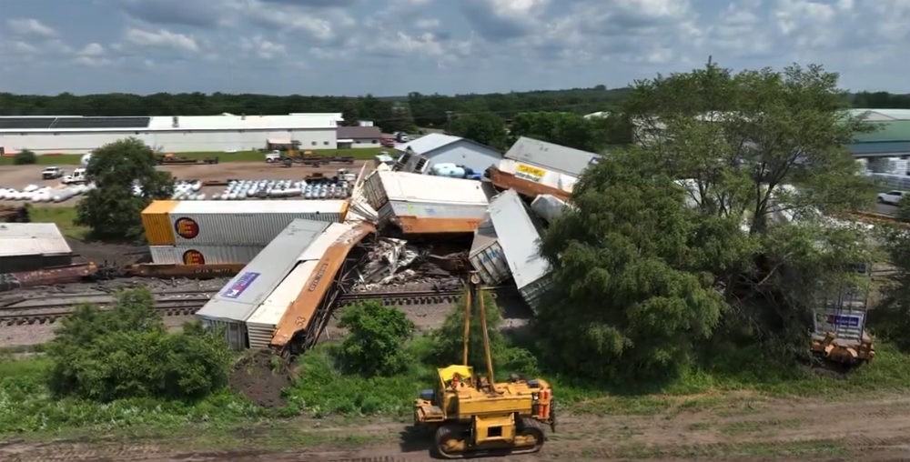 Aerial view of derailed intermodal cars