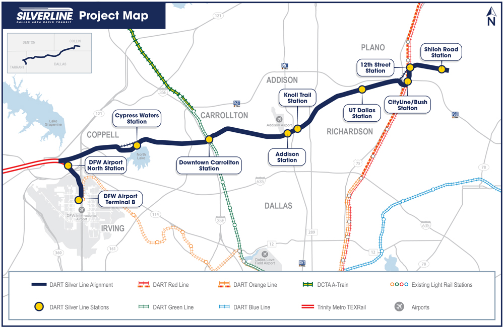 Map showing commuter rail line from DFW Airport to Plano, Texas