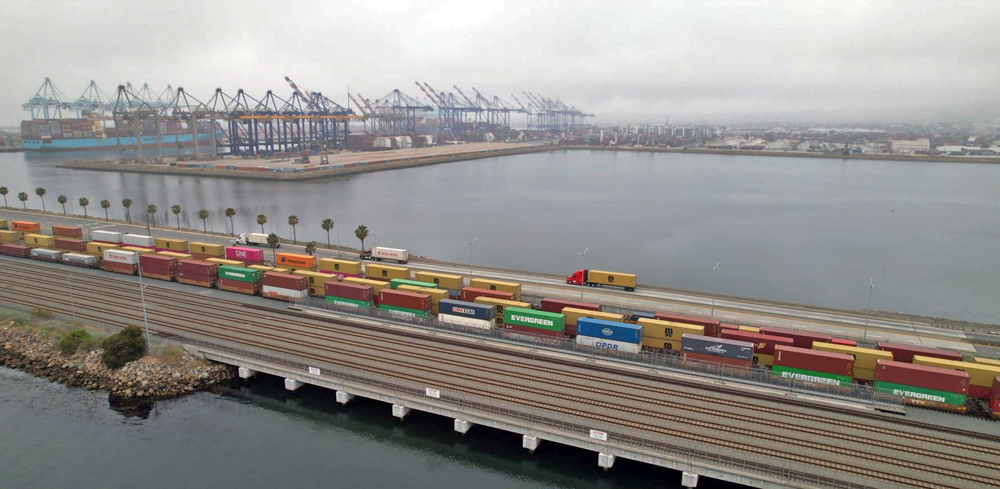 Aerial view of on-dock rail yard with five unoccupied tracks in foreground