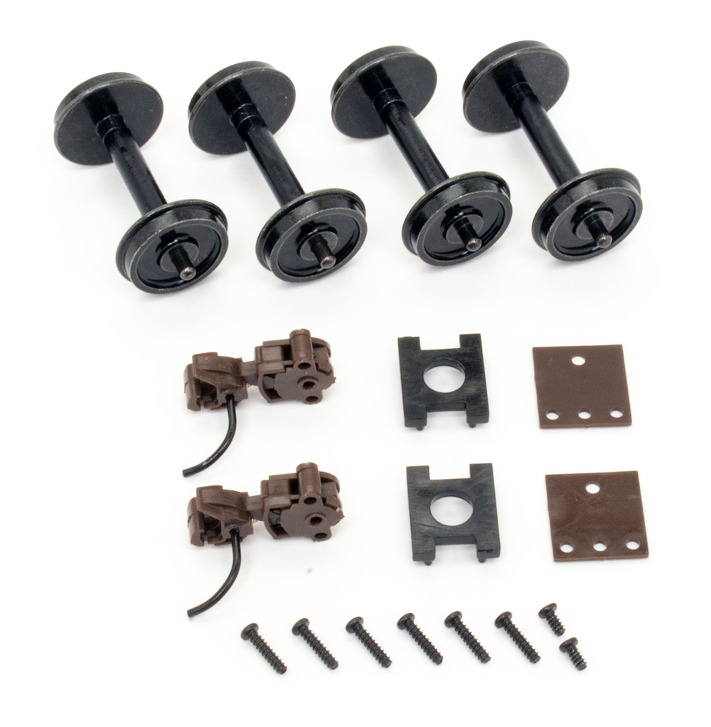 Color photo of wheelsets, couplers, screws, and shims.