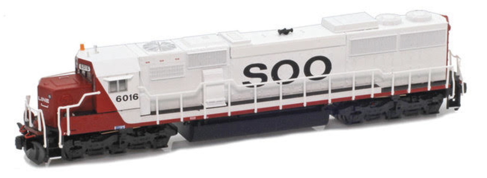 A red and white model locomotive