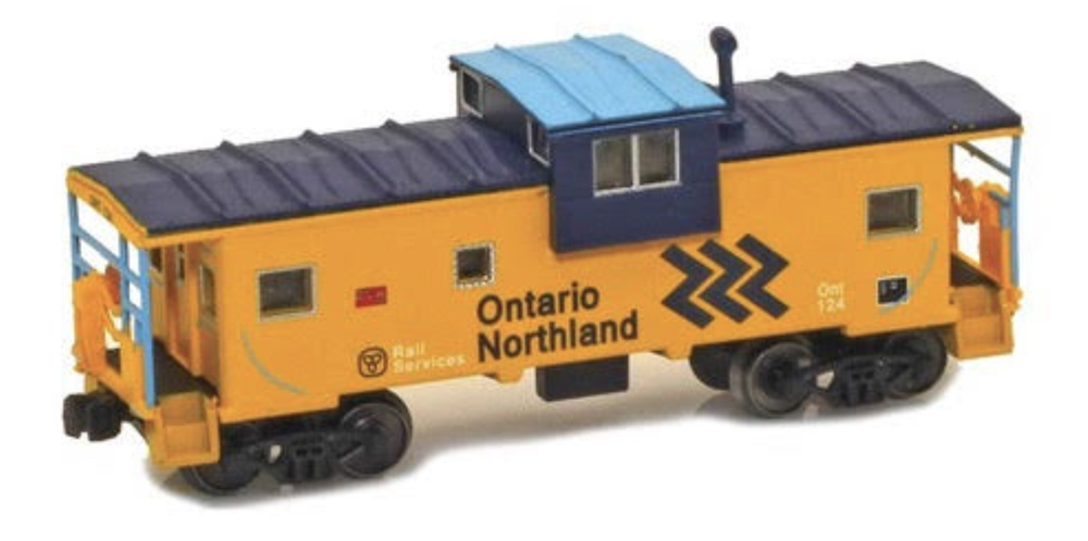 A yellow and blue model caboose