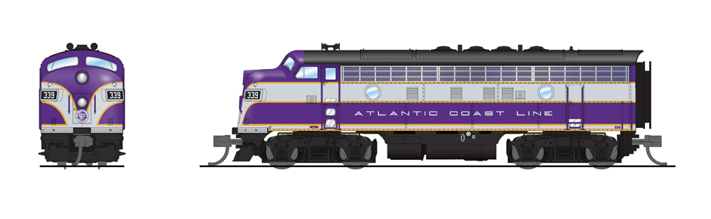 A model locomotive in gray and purple