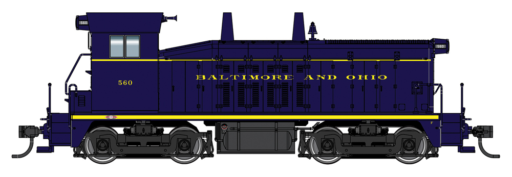 A model locomotive in navy blue with yellow lettering