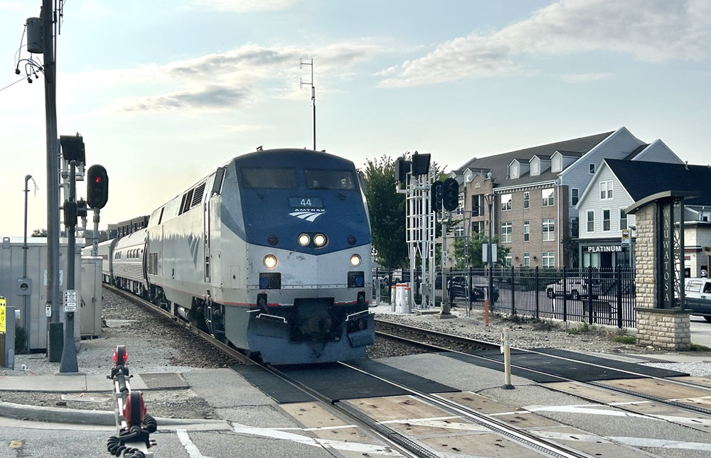 Passenger train in suburban community