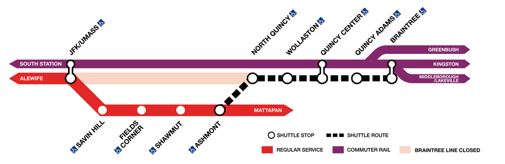 Diagram of commuter rail, rapid transit, and shuttle bus routes affected by September MBTA track work