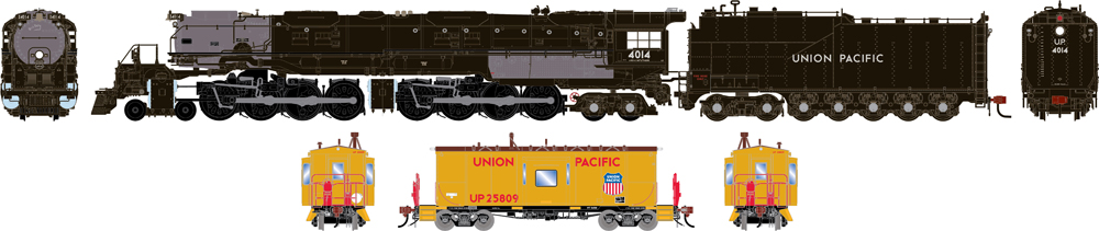 A black model steam locomotive with tender car and a yellow model caboose pictured below