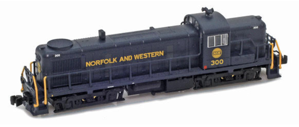 A navy blue model locomotive with yellow lettering