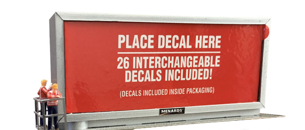 two model figures standing on a model billboard walkway in front of a red billboard which reads place decal here