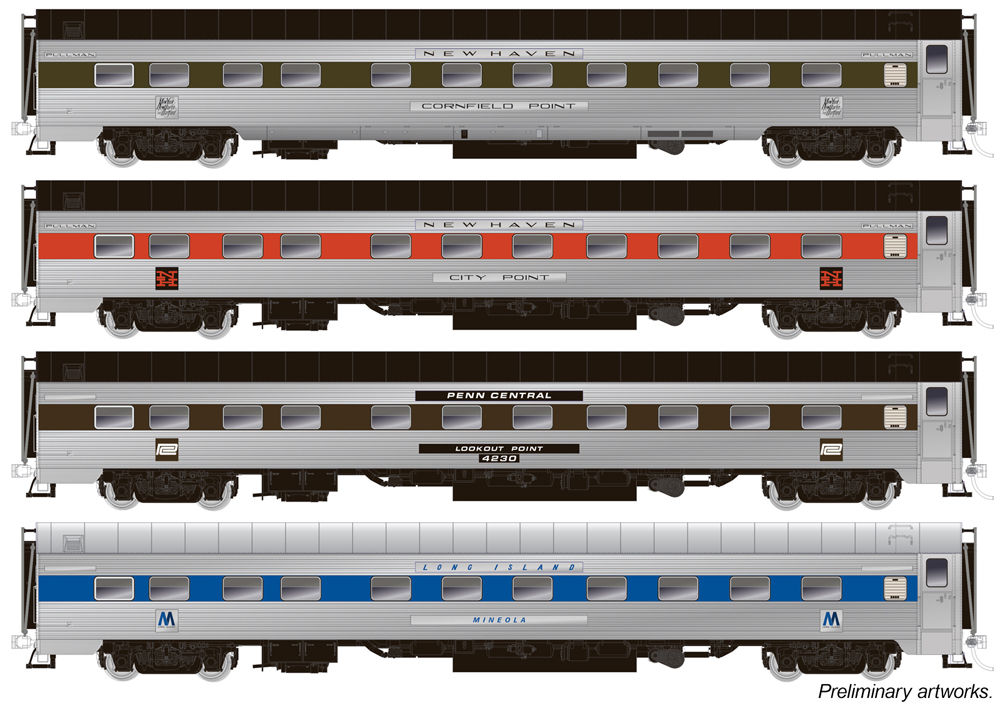 four model passenger cars in silver with colorful stripes