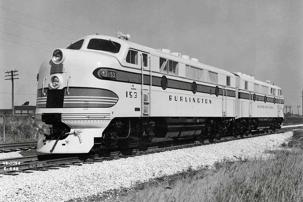 Streamlined Burlington Route diesel locomotives in black-and-white